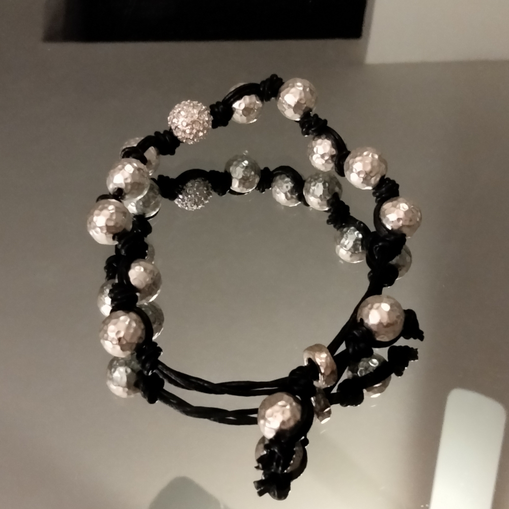 Silver Hammered Bead Bracelet On Black Leather Cord Y2k vintage - Picture 7 of 14